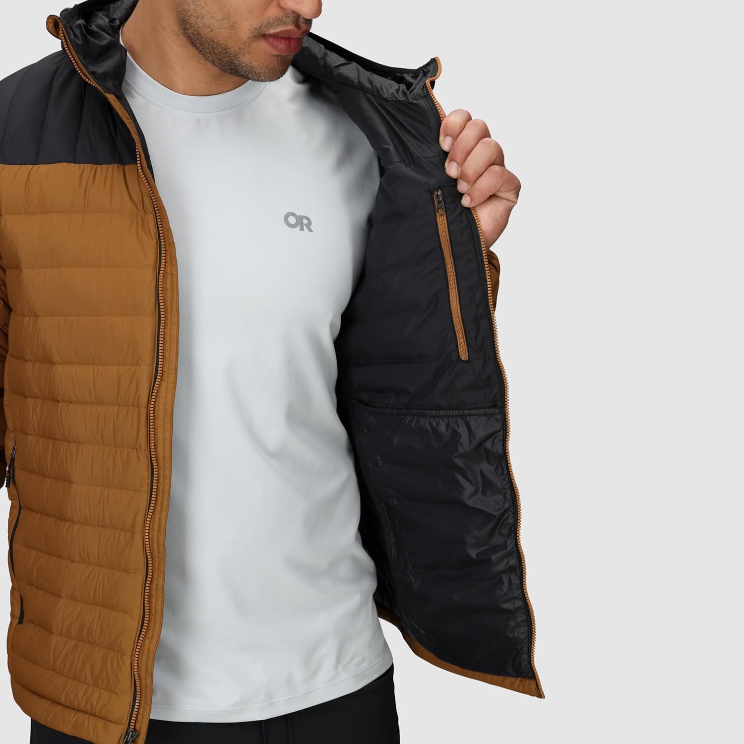 imageOutdoor Research Mens Transcendent Down Hoodie Jacket Water ampamp Wind Resistant Insulated Lightweight Standard FitBronzeBlack