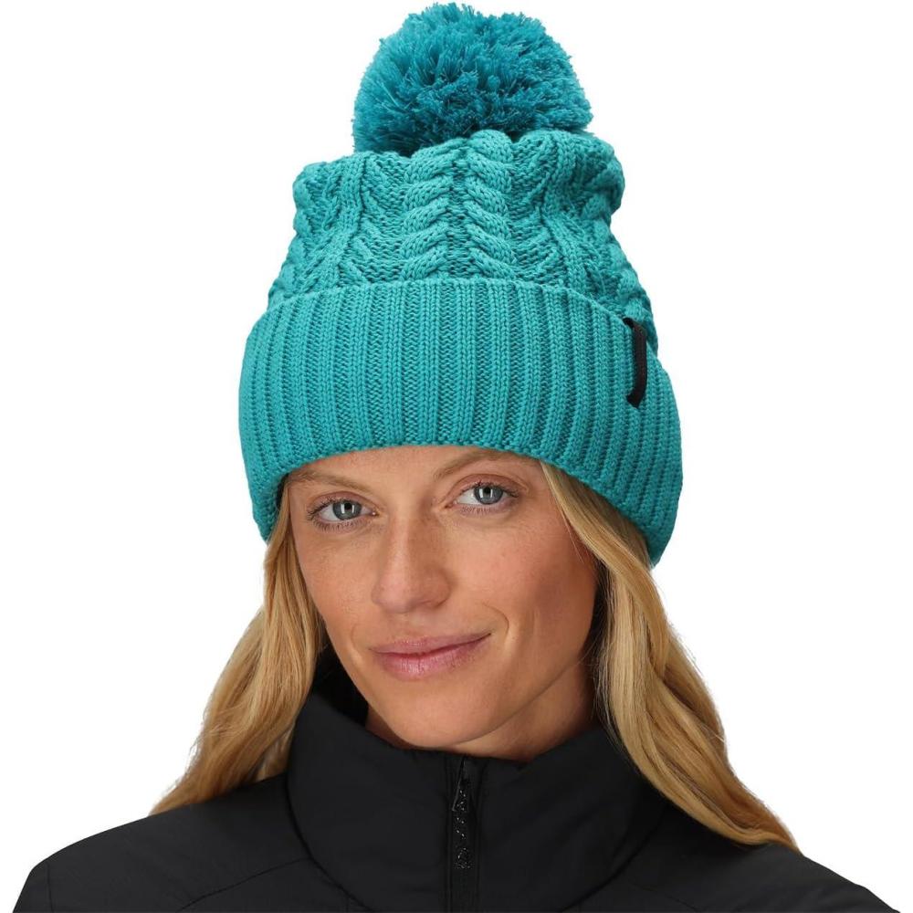 imageOutdoor Research Womens Liftie Beanie  Moisture Wicking Cable Knit MultiColor Pom PomTidepoolAurora