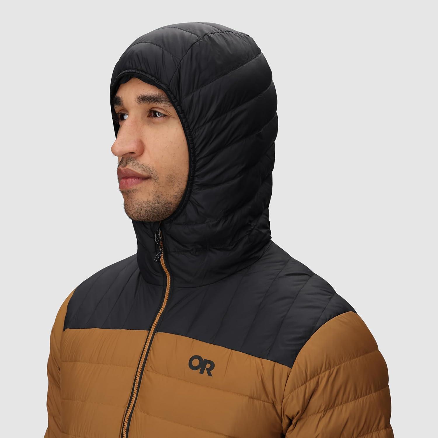 imageOutdoor Research Mens Transcendent Down Hoodie Jacket Water amp Wind Resistant Insulated Lightweight Standard FitBronzeBlack