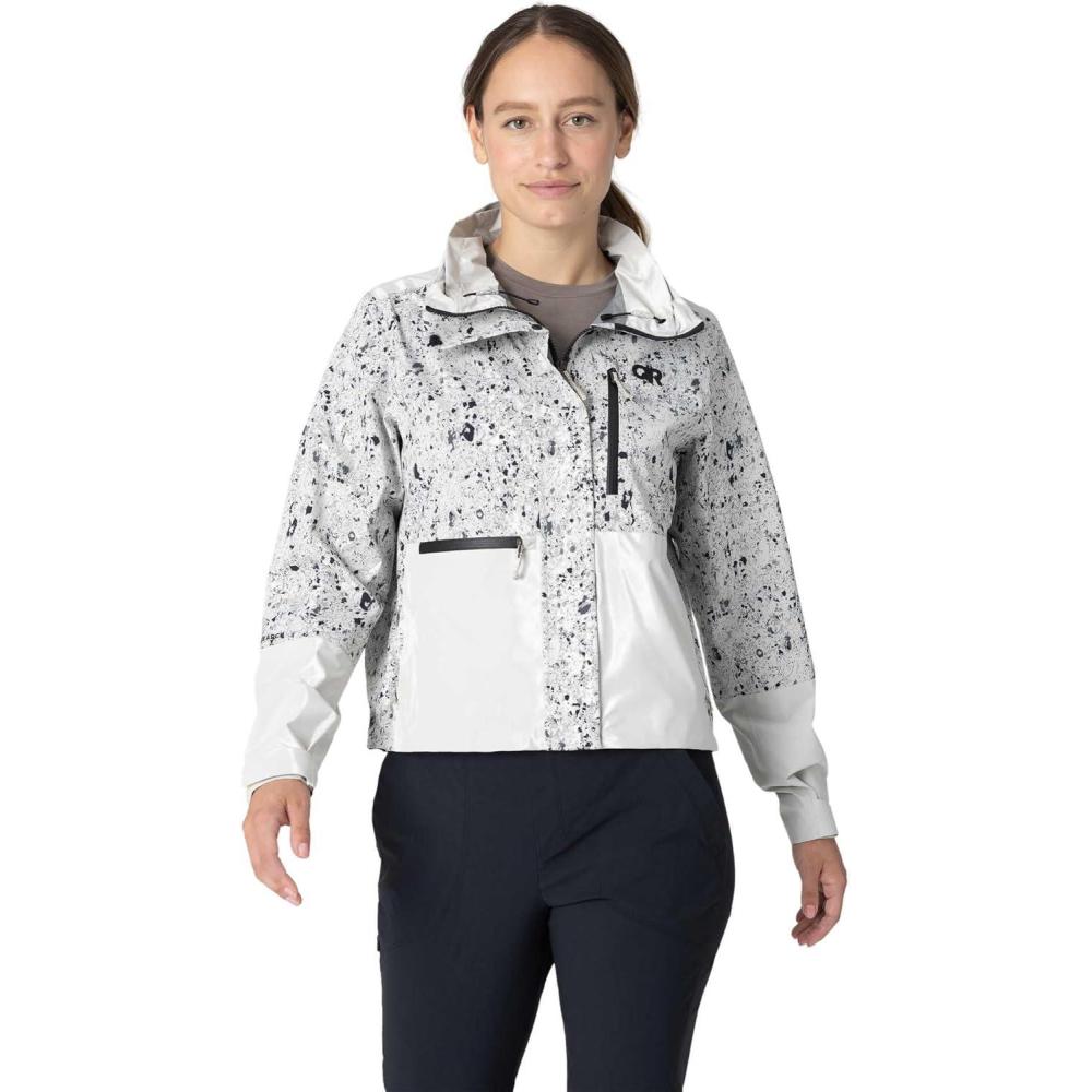 imageOutdoor Research Womens Stratoburst Stretch SE Jacket  Waterproof amp Windproof Breathable Rain Jacket Stow In Collar HoodOyster Creekside PrintOyster